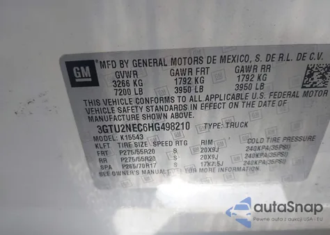 2017 GMC Sierra 1500 Slt from USA, damaged, VIN 3GTU2NEC6HG498210